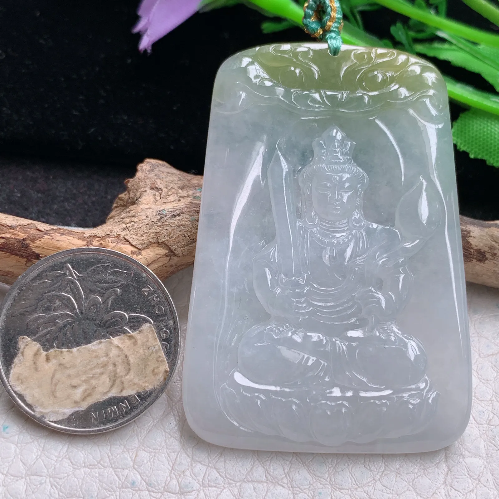 yn实拍58*39*4.8缅甸翡翠a货精雕冰双彩虚空藏菩萨玉吊坠 玉挂件