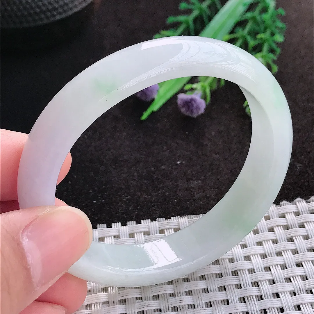 天然A货翡翠53/47/13.2/7.3老坑秀气冰润晴底贵妃手镯宽边玉镯