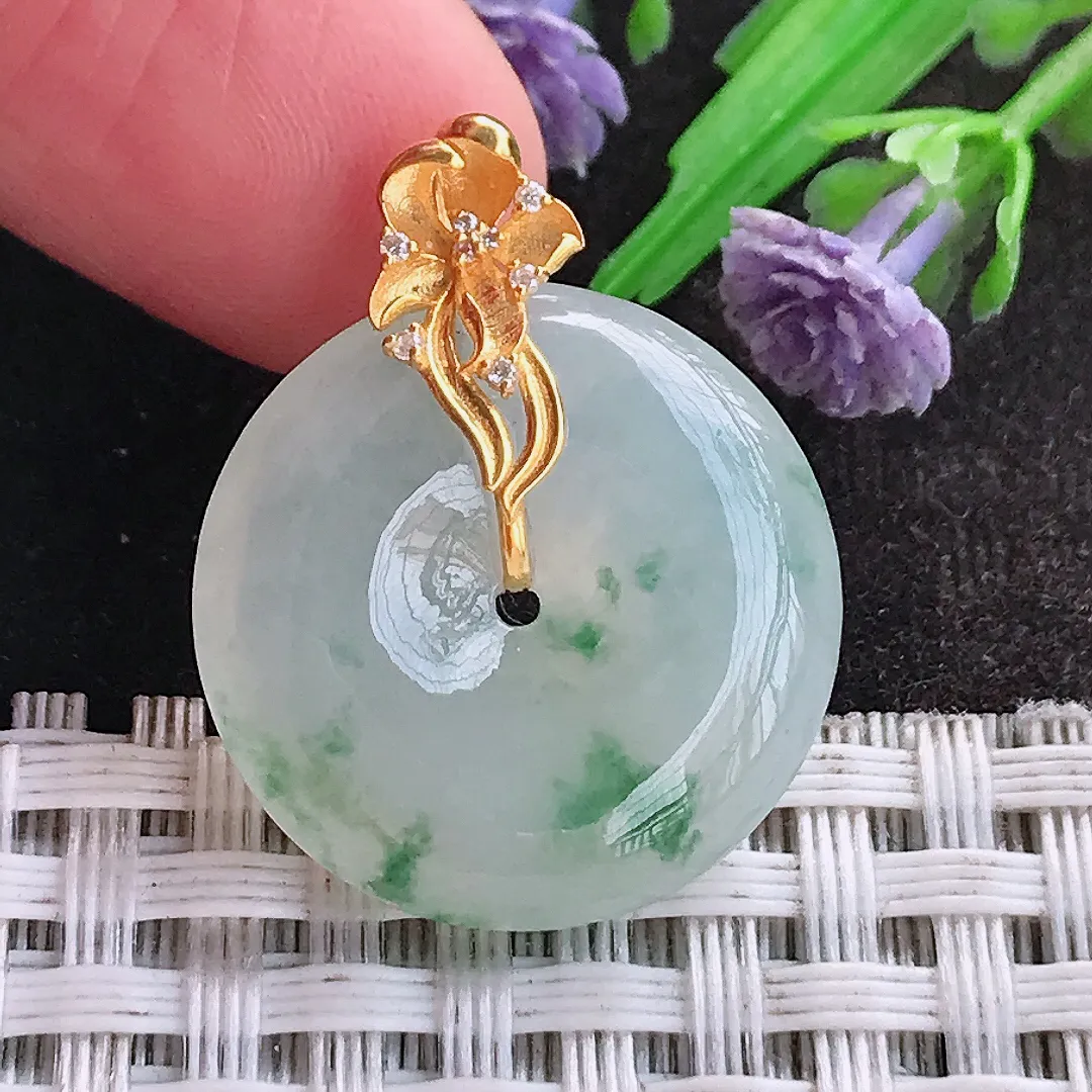 天然A货翡翠21.6/5.7老坑18k金镶嵌冰胶飘花平安扣吊坠翡翠小扣子