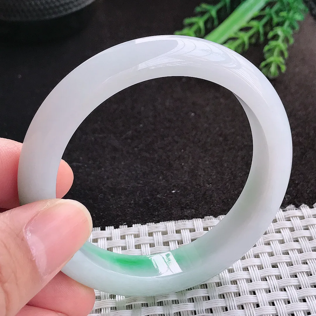 天然A货翡翠53.5/11.8/8.5老坑冰润起胶飘阳绿手镯宽边玉镯