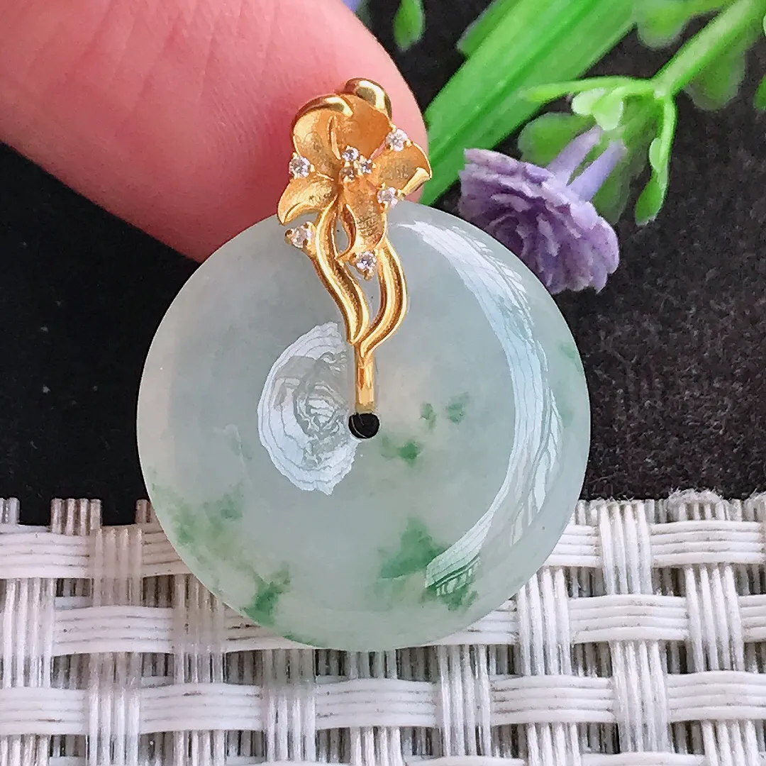 天然A货翡翠21.6/5.7老坑18k金镶嵌冰胶飘花平安扣吊坠翡翠小扣子