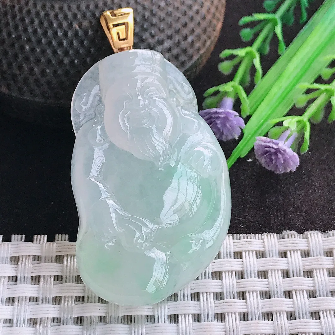 天然A货翡翠45.3/29/7.6老坑18k金镶嵌秀气冰胶财神爷吊坠翡翠玉挂件