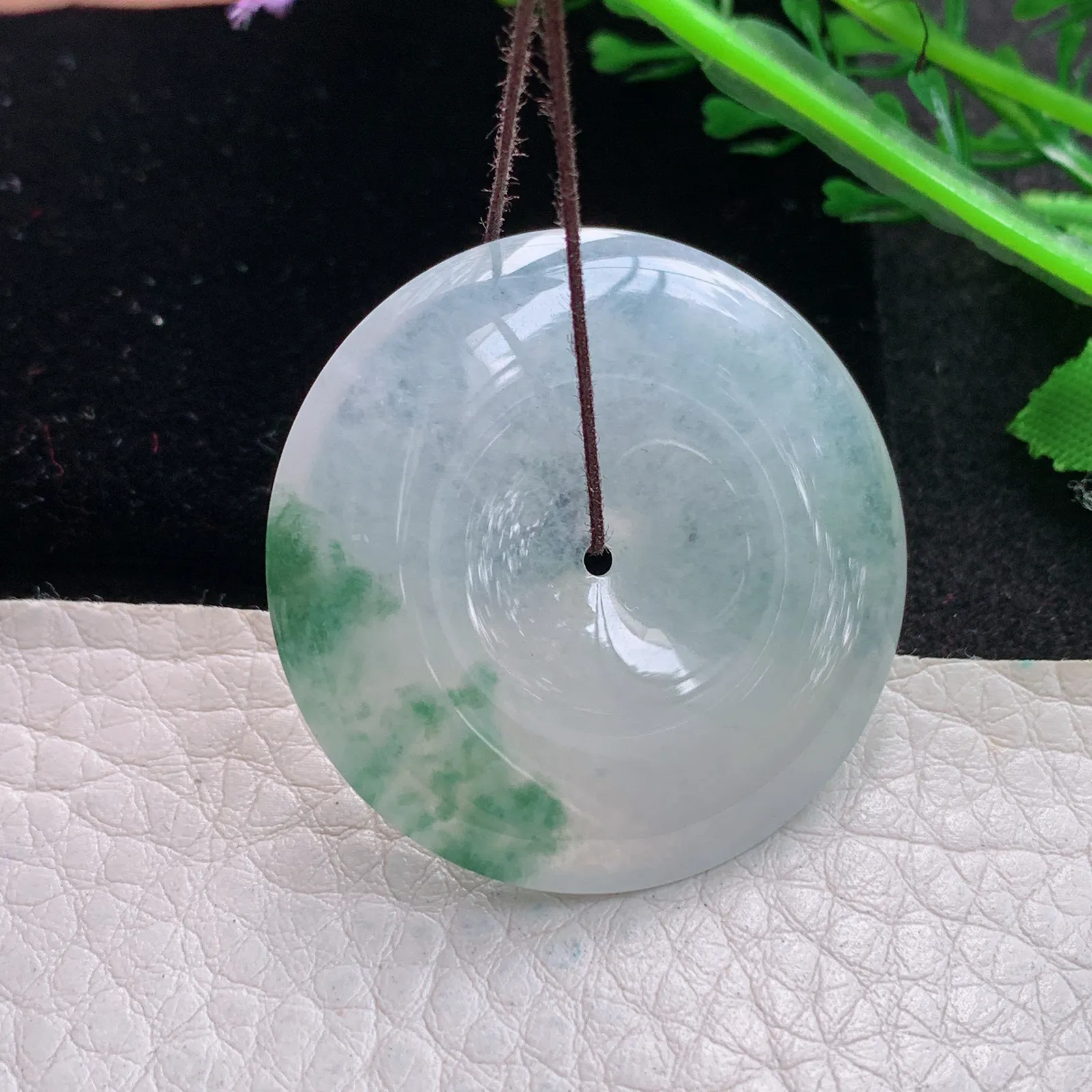 gp实拍35*5.4翡翠a货精雕冰飘花平安扣 玉扣玉吊坠 玉挂件