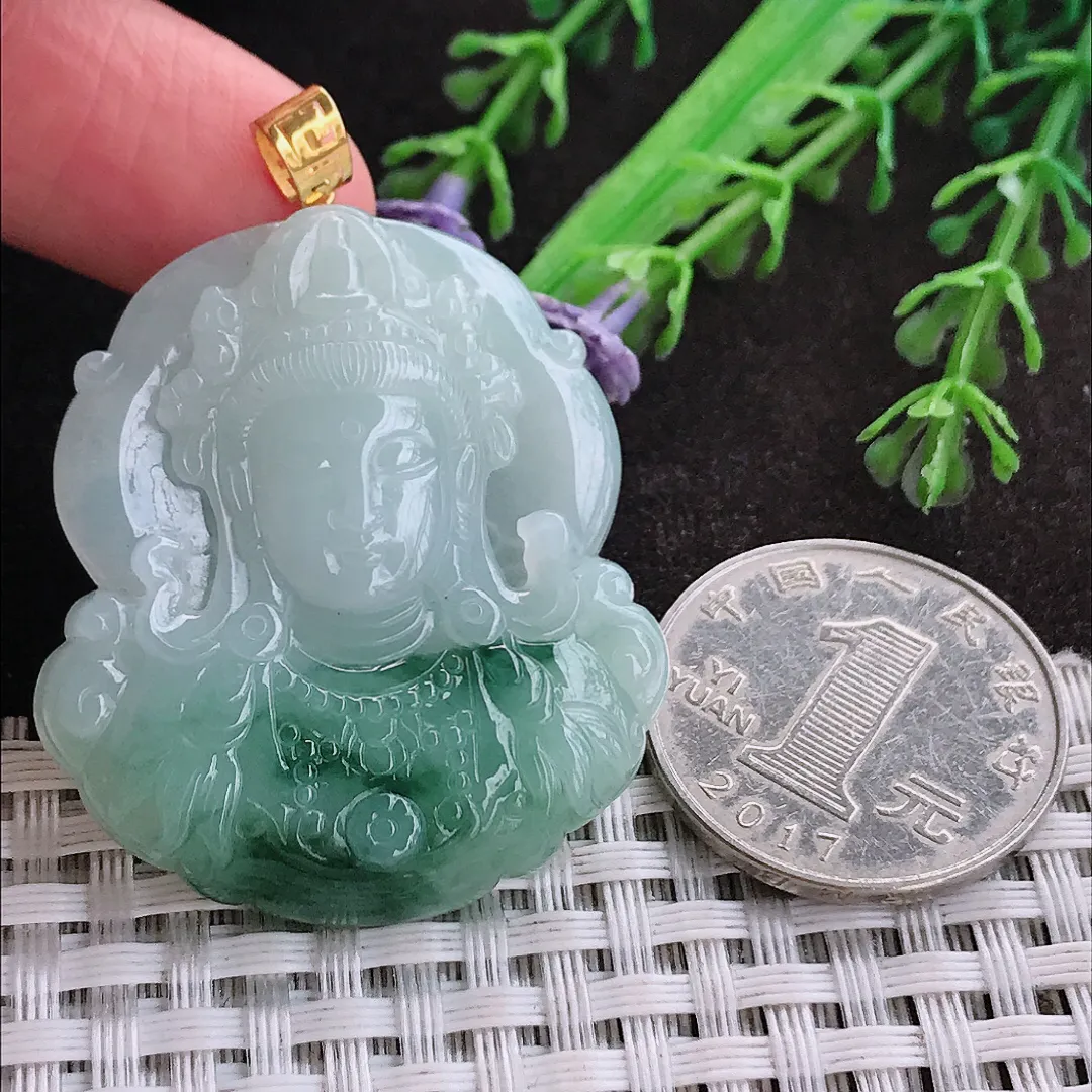 天然A货翡翠41/36.5/6老坑18k金镶嵌温润飘花观音首头吊坠翡翠玉挂件
