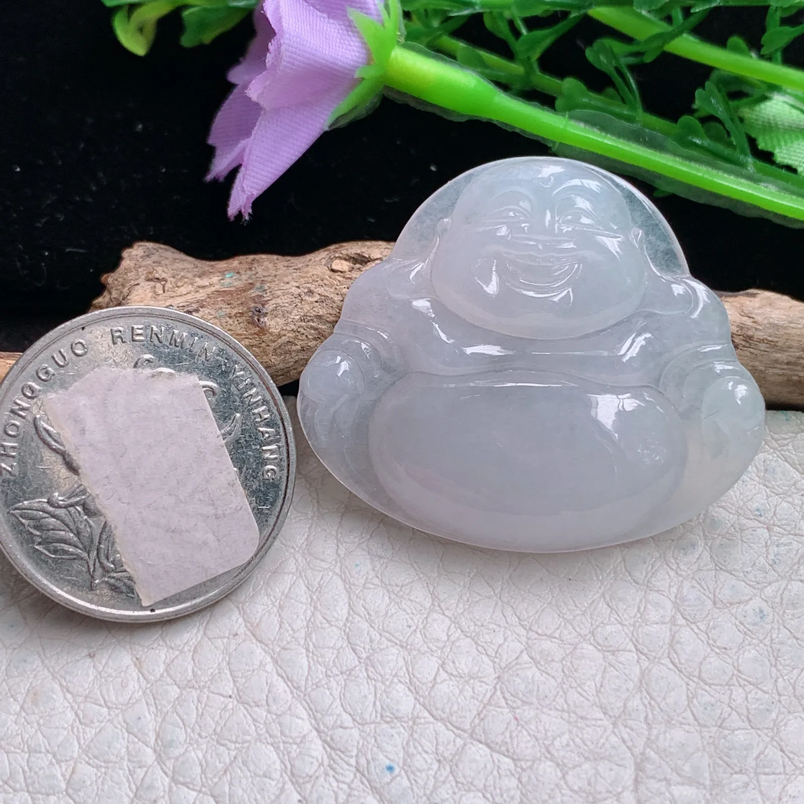 yn实拍32.3*37.8*5.8缅甸翡翠a货精雕白月光佛公 弥勒佛玉吊坠 玉挂件