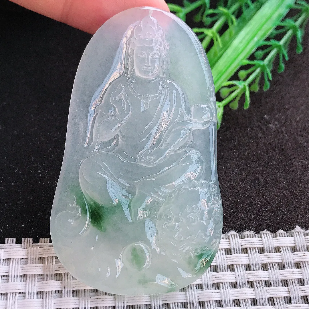 天然A货翡翠67.6/40.2/5.7老坑冰种果冻胶冰透飘花文殊菩萨吊坠翡翠挂件