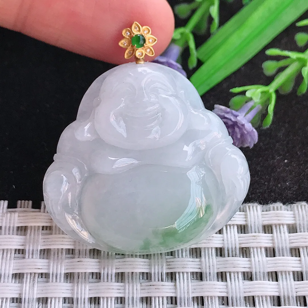 天然A货翡翠31.5/34/6.2老坑18k金镶嵌冰飘花佛公吊坠翡翠挂件