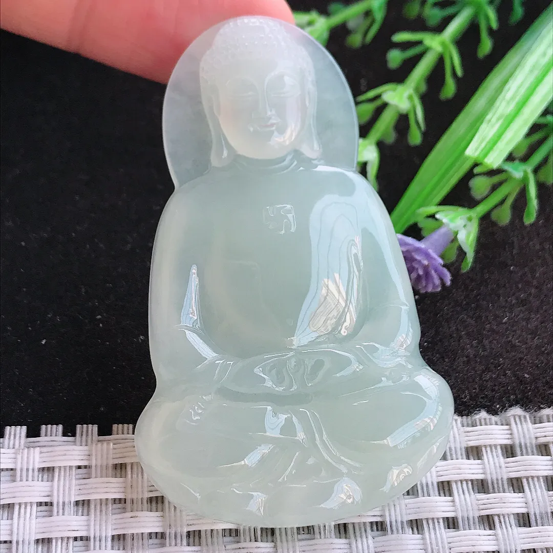 天然A货翡翠58/36.3/6老坑冰纯果冻胶冰晴绿大日如来佛吊坠翡翠挂件