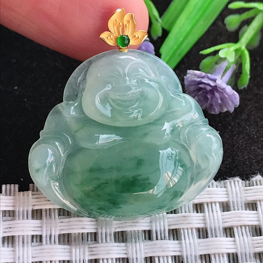 天然A货翡翠26.2/29.7/5.6老坑18k金镶嵌冰飘花佛公吊坠翡翠挂件