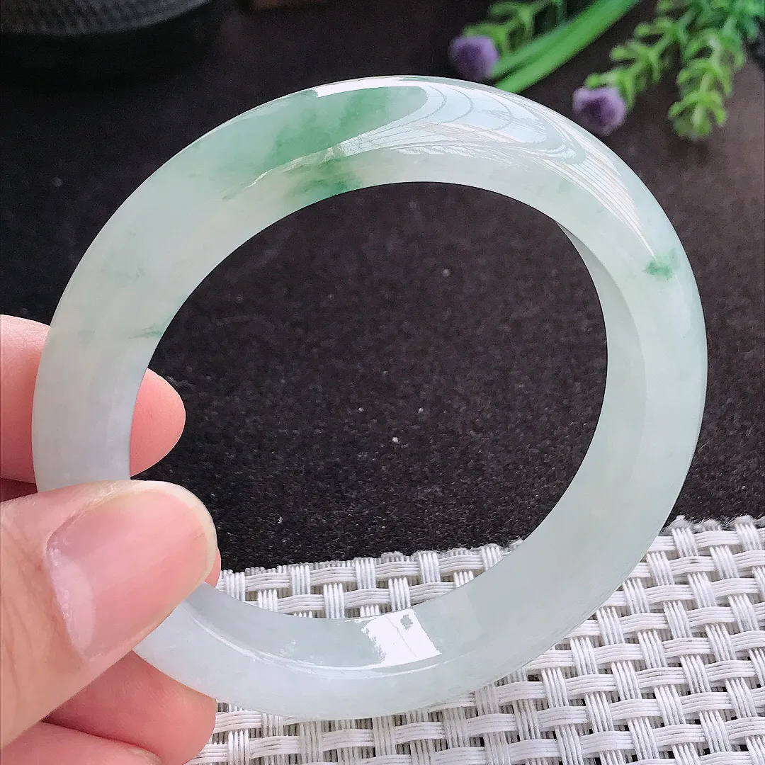 天然A货翡翠55/11.9/9老坑冰胶果冻冰飘花手镯宽边玉镯