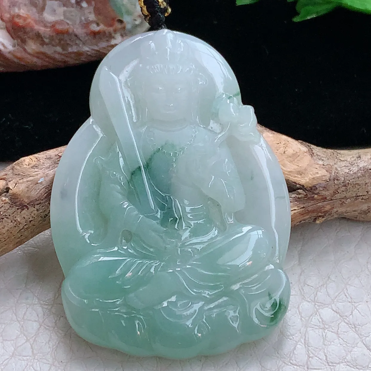 kh实拍49*35.3*6天然翡翠a货精雕飘花虚空藏玉吊坠生肖守护神玉坠