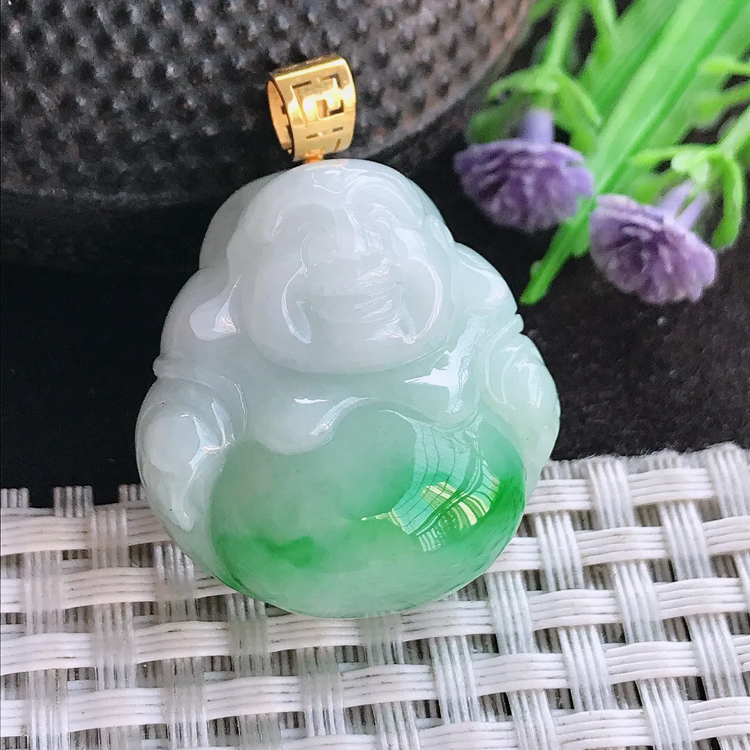 天然A货翡翠27.5/26.5/12老坑18k金镶嵌飘阳绿佛公吊坠翡翠玉佛