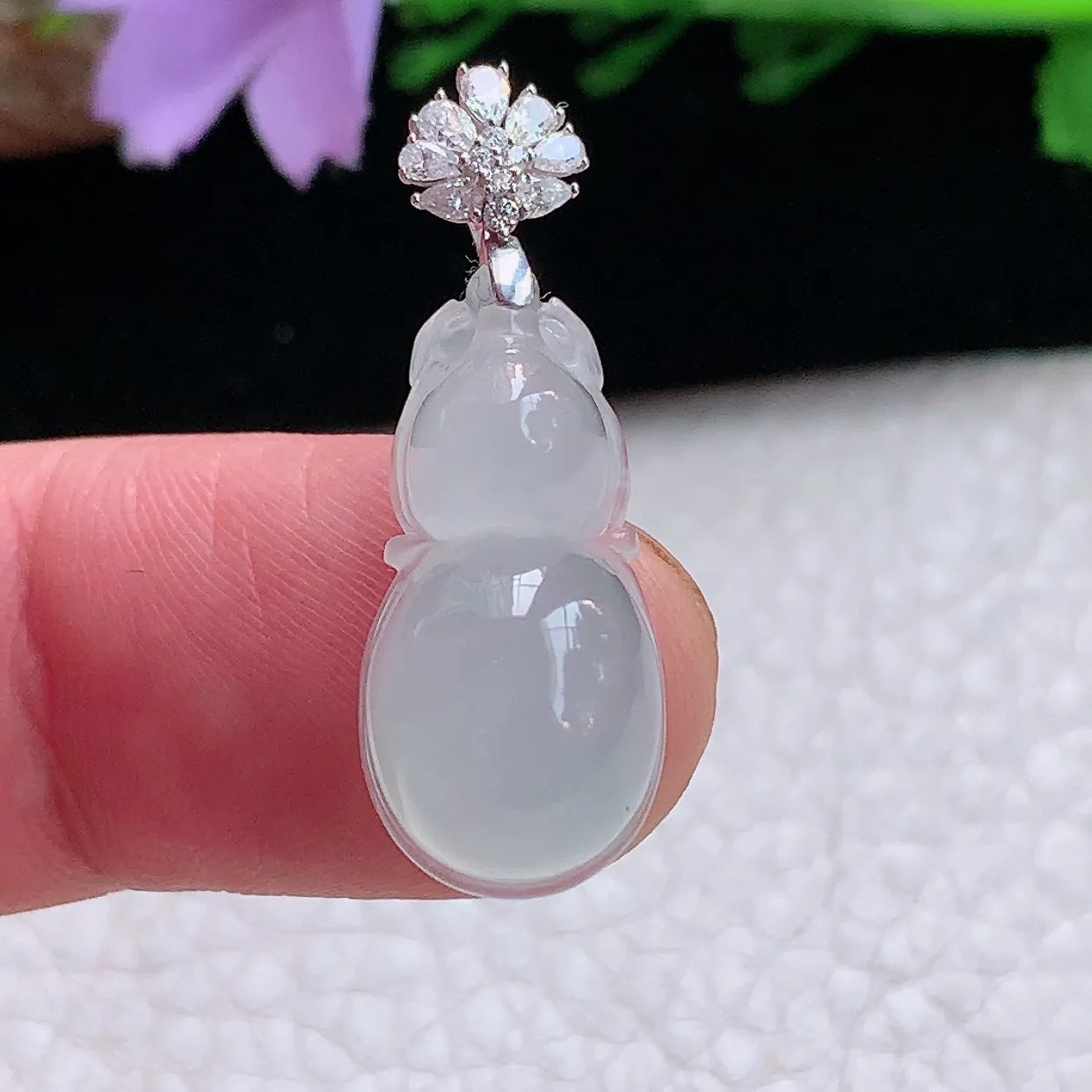 gp 实拍31*11.3*9.5缅甸天然翡翠冰种葫芦小吊坠白冰福禄镶金精品玉坠