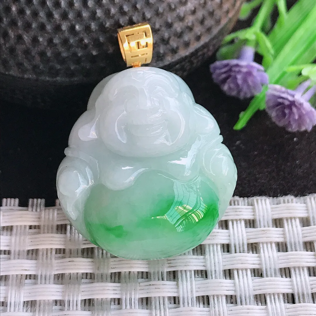 天然A货翡翠27.5/26.5/12老坑18k金镶嵌飘阳绿佛公吊坠翡翠玉佛