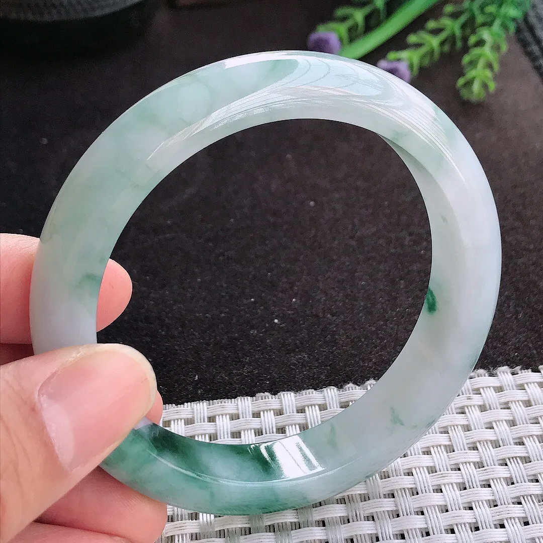 天然A货翡翠58.8/13.5/8.7老坑冰胶水灵飘花手镯宽边玉镯