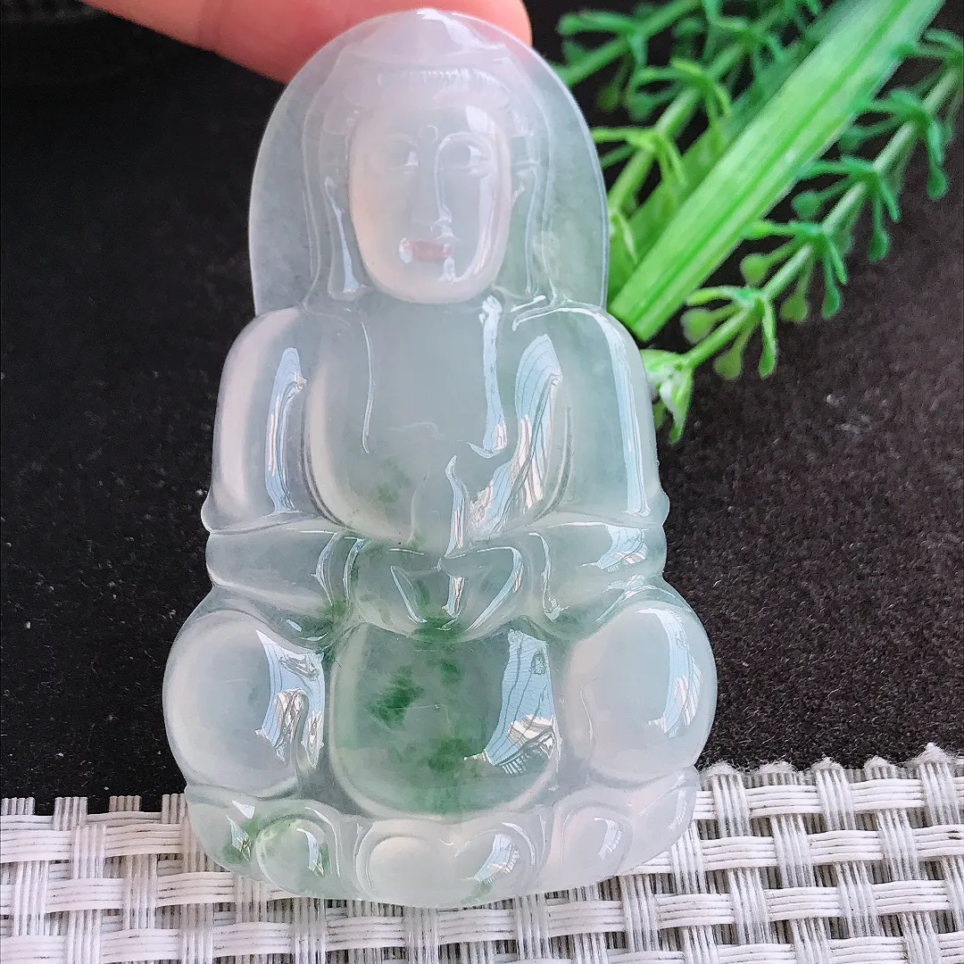 天然A货翡翠68.8/41.8/6老坑高冰种飘花正装大观音吊坠翡翠挂件