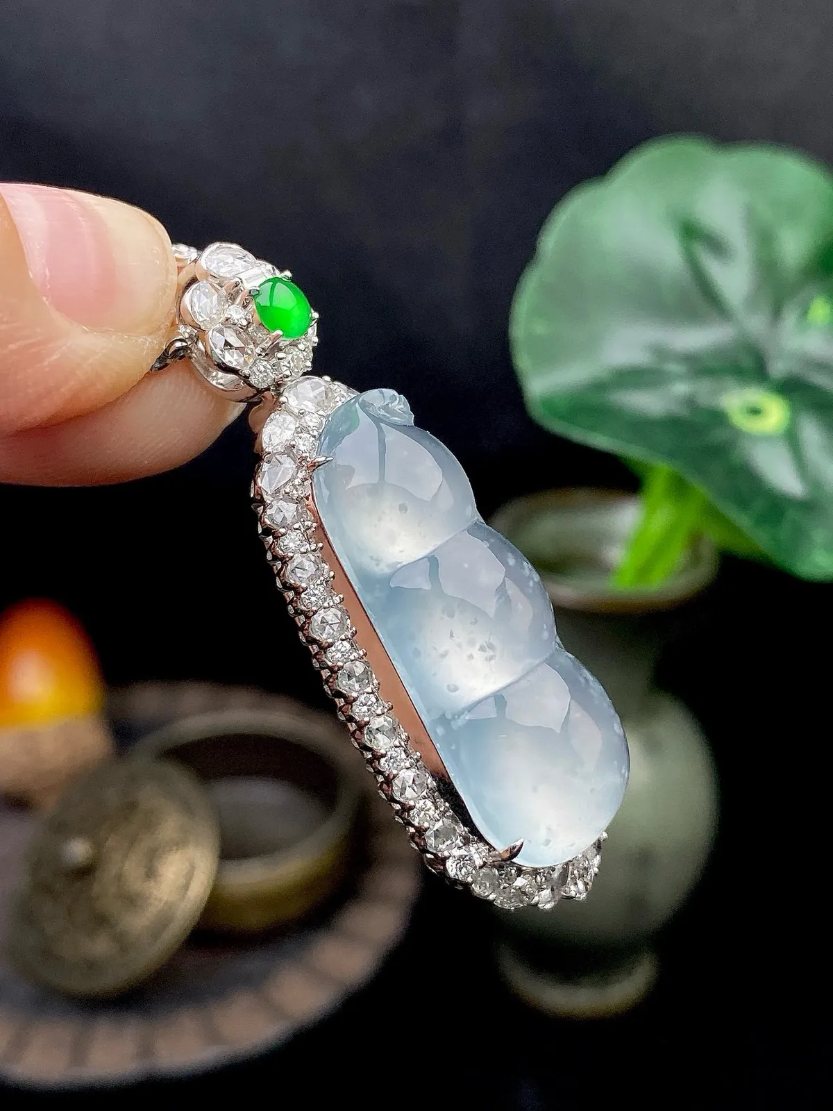 【冰种福豆吊坠】老坑雪花棉，种地上乘，冰感十足，通透起光，饱满圆润，收藏品质，18k金钻镶嵌，裸石尺