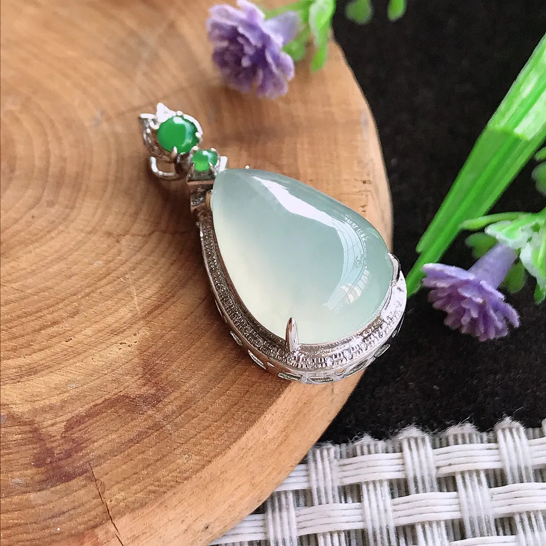 天然A货翡翠29.6/14.3/9.7老坑18k金镶嵌冰胶起光水滴吊坠翡翠挂件