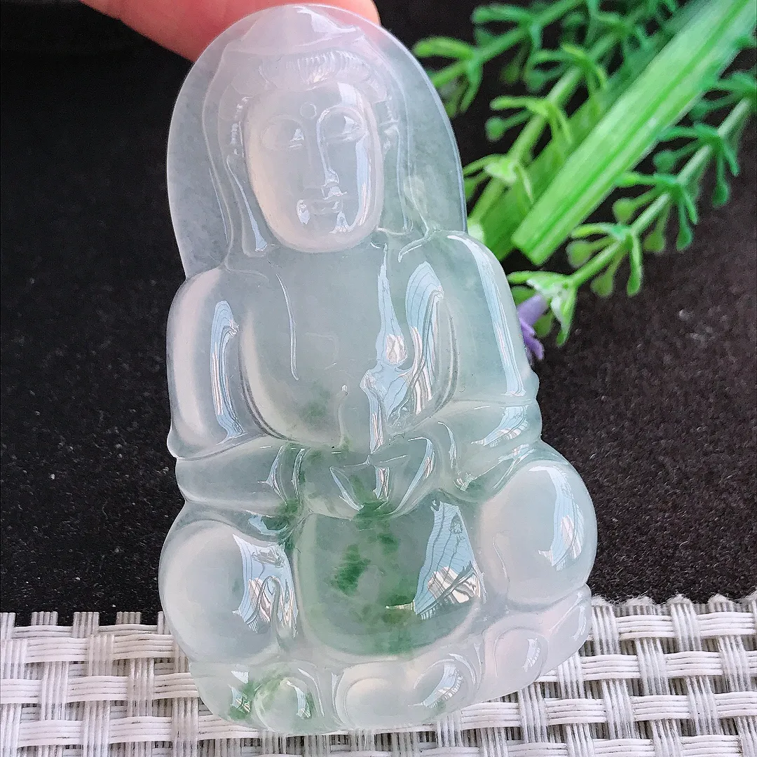 天然A货翡翠68.8/41.8/6老坑高冰种飘花正装大观音吊坠翡翠挂件