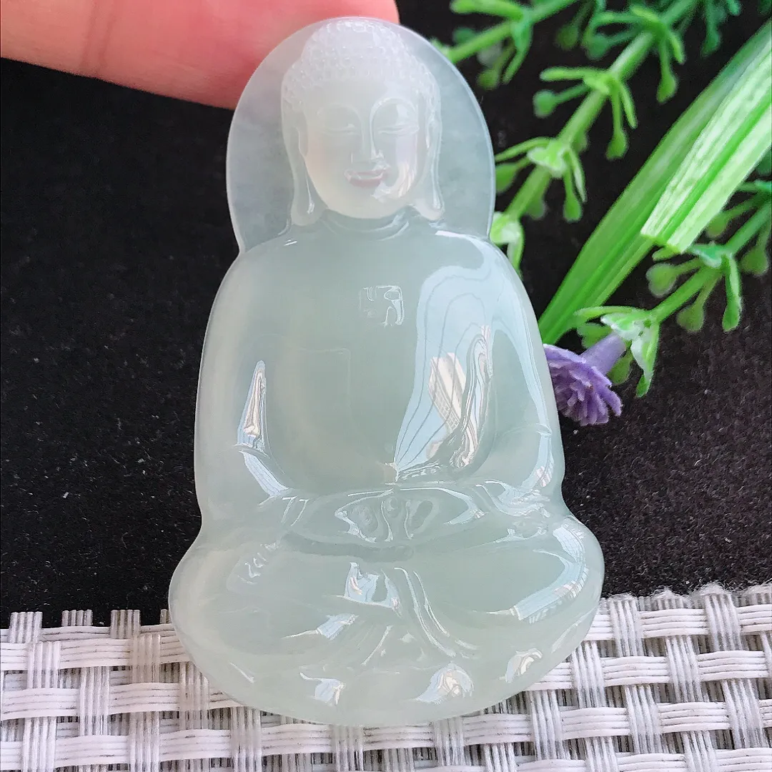 天然A货翡翠58/36.3/6老坑冰纯果冻胶冰晴绿大日如来佛吊坠翡翠挂件