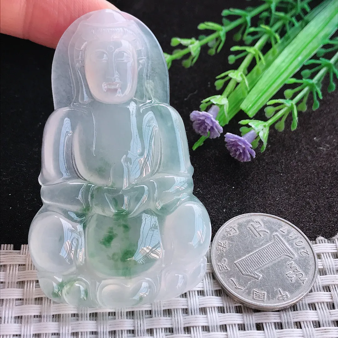 天然A货翡翠68.8/41.8/6老坑高冰种飘花正装大观音吊坠翡翠挂件