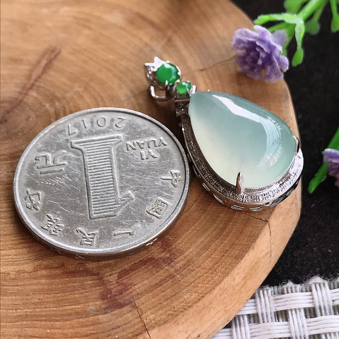 天然A货翡翠29.6/14.3/9.7老坑18k金镶嵌冰胶起光水滴吊坠翡翠挂件