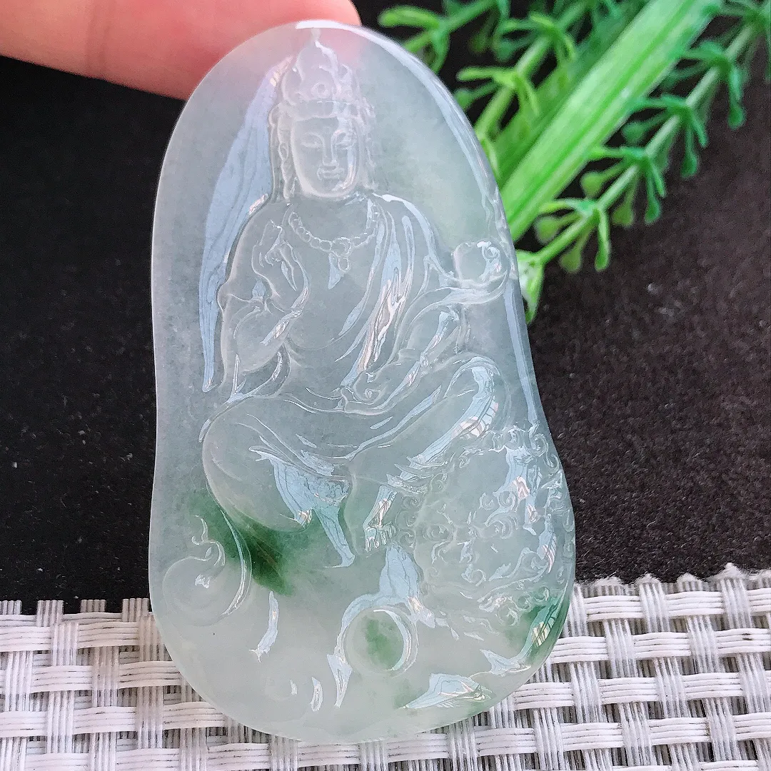 天然A货翡翠67.6/40.2/5.7老坑冰种果冻胶冰透飘花文殊菩萨吊坠翡翠挂件