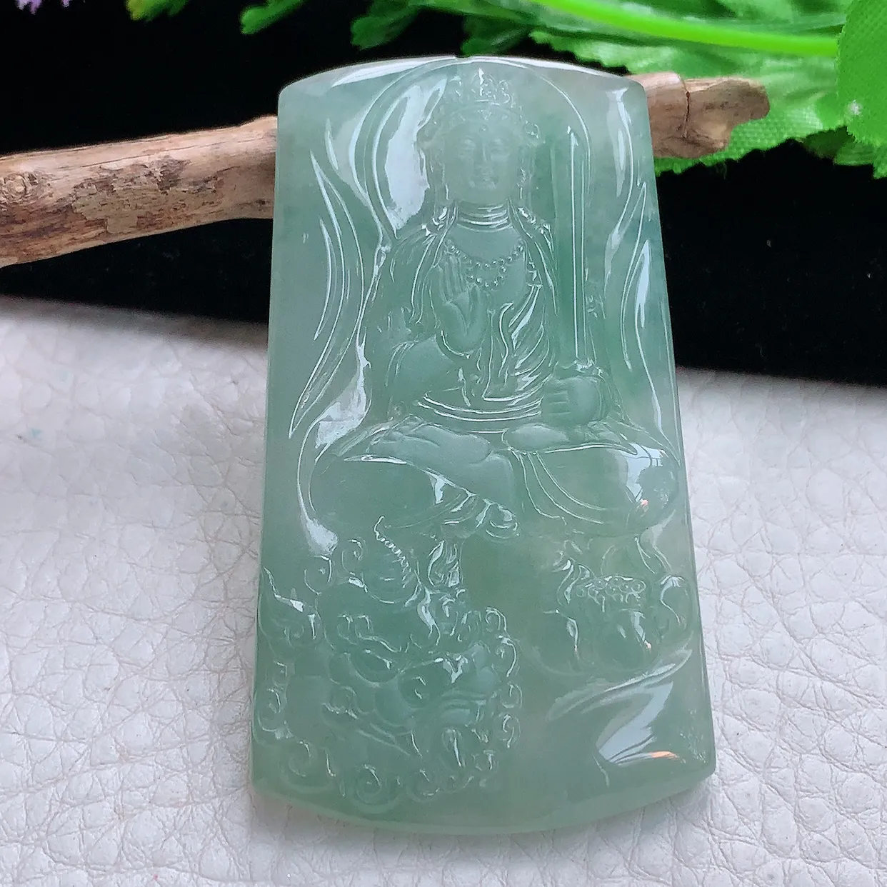 ktj实拍62.5*36.5*5.5天然翡翠a货精雕冰晴文殊菩萨 生肖守护神玉吊坠