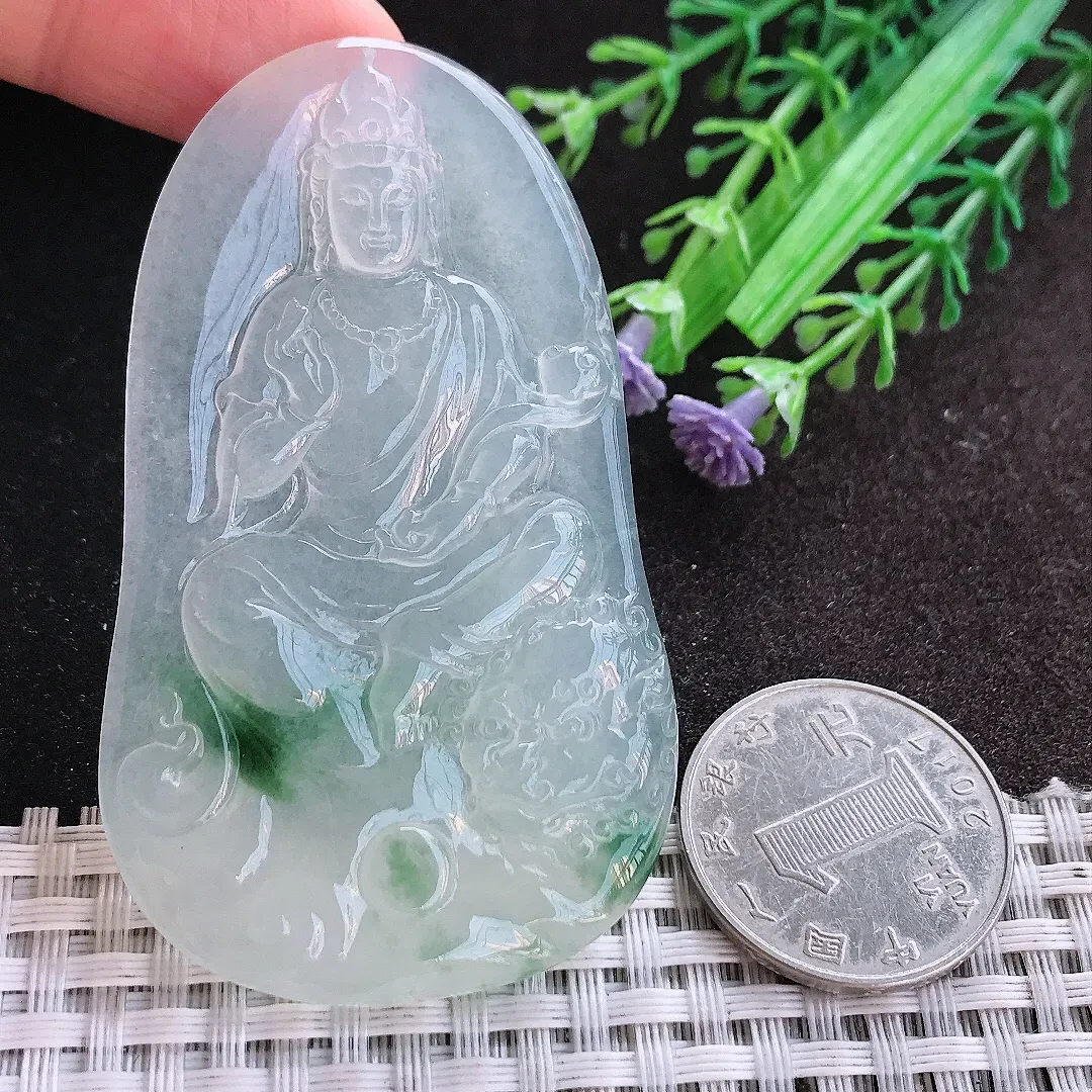 天然A货翡翠67.6/40.2/5.7老坑冰种果冻胶冰透飘花文殊菩萨吊坠翡翠挂件