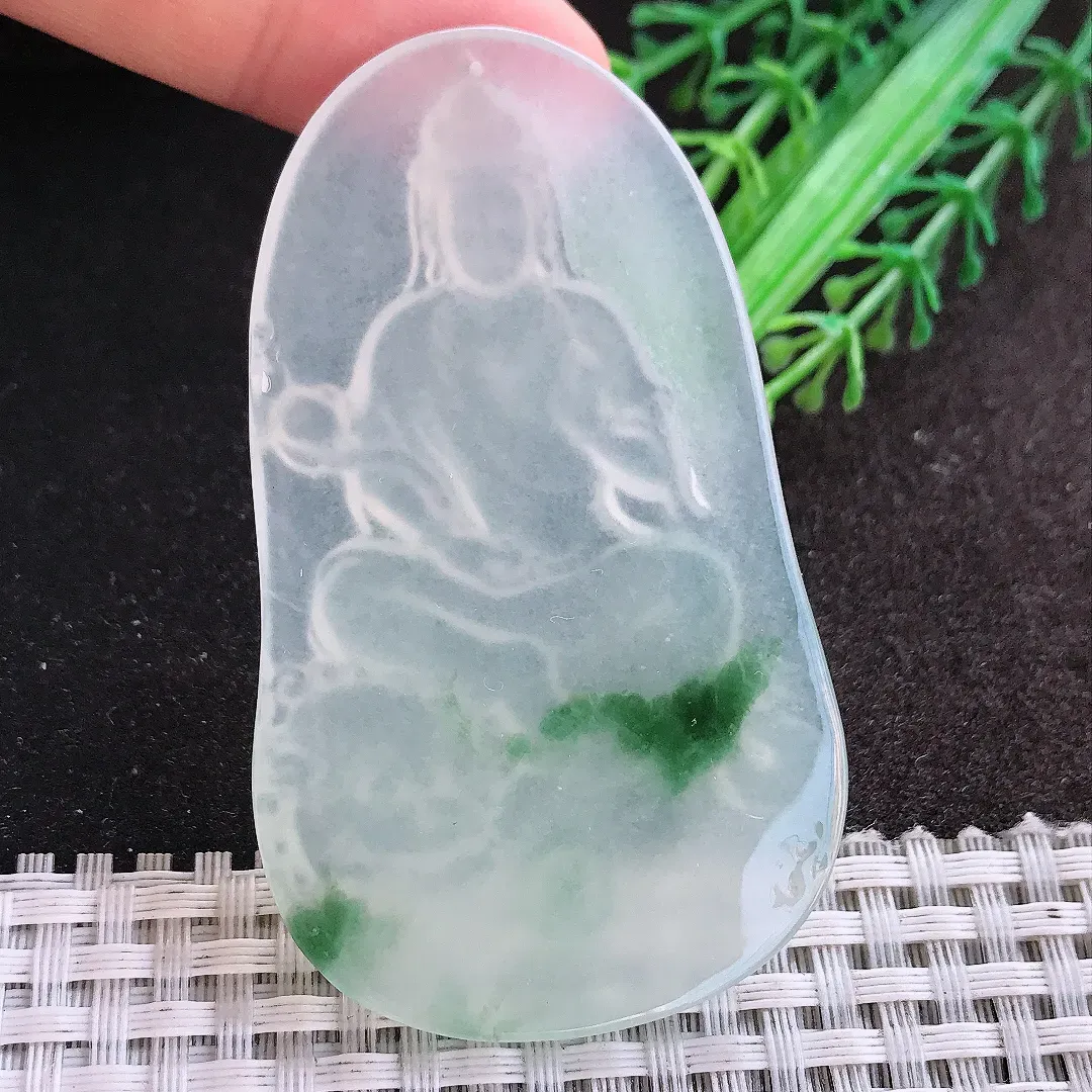 天然A货翡翠67.6/40.2/5.7老坑冰种果冻胶冰透飘花文殊菩萨吊坠翡翠挂件