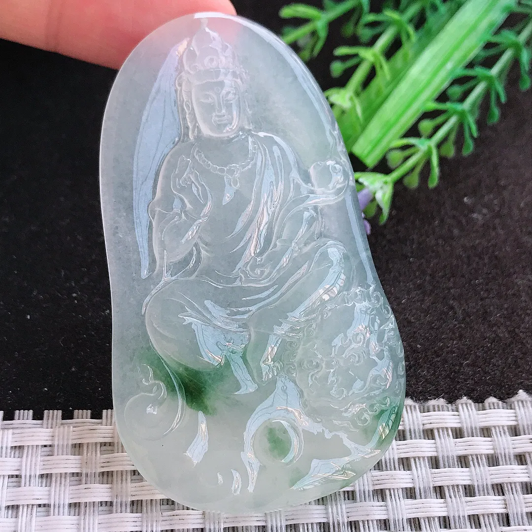 天然A货翡翠67.6/40.2/5.7老坑冰种果冻胶冰透飘花文殊菩萨吊坠翡翠挂件