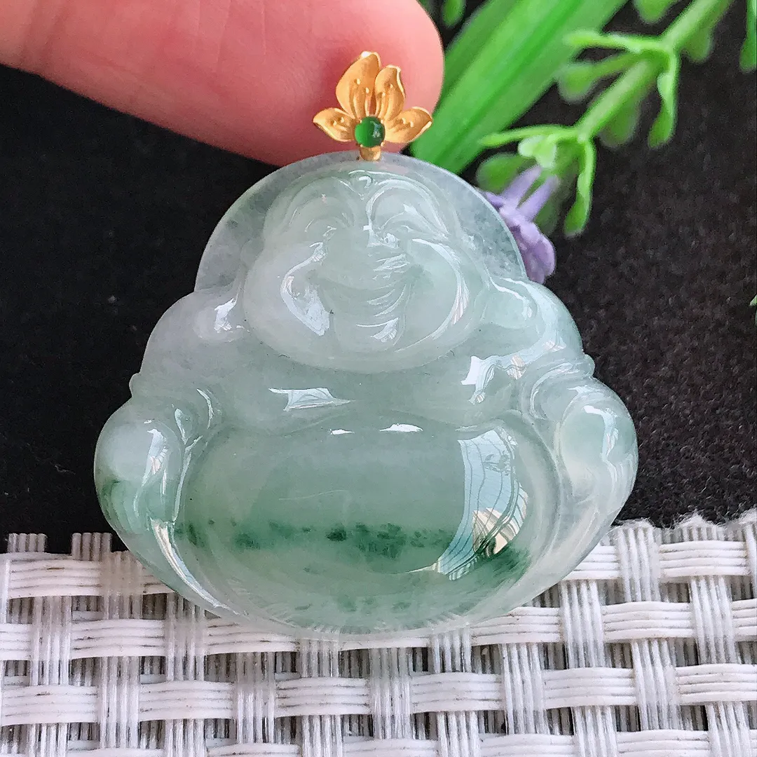 天然A货翡翠30.5/34/6.2老坑18k金镶嵌冰润飘花佛公吊坠翡翠挂件