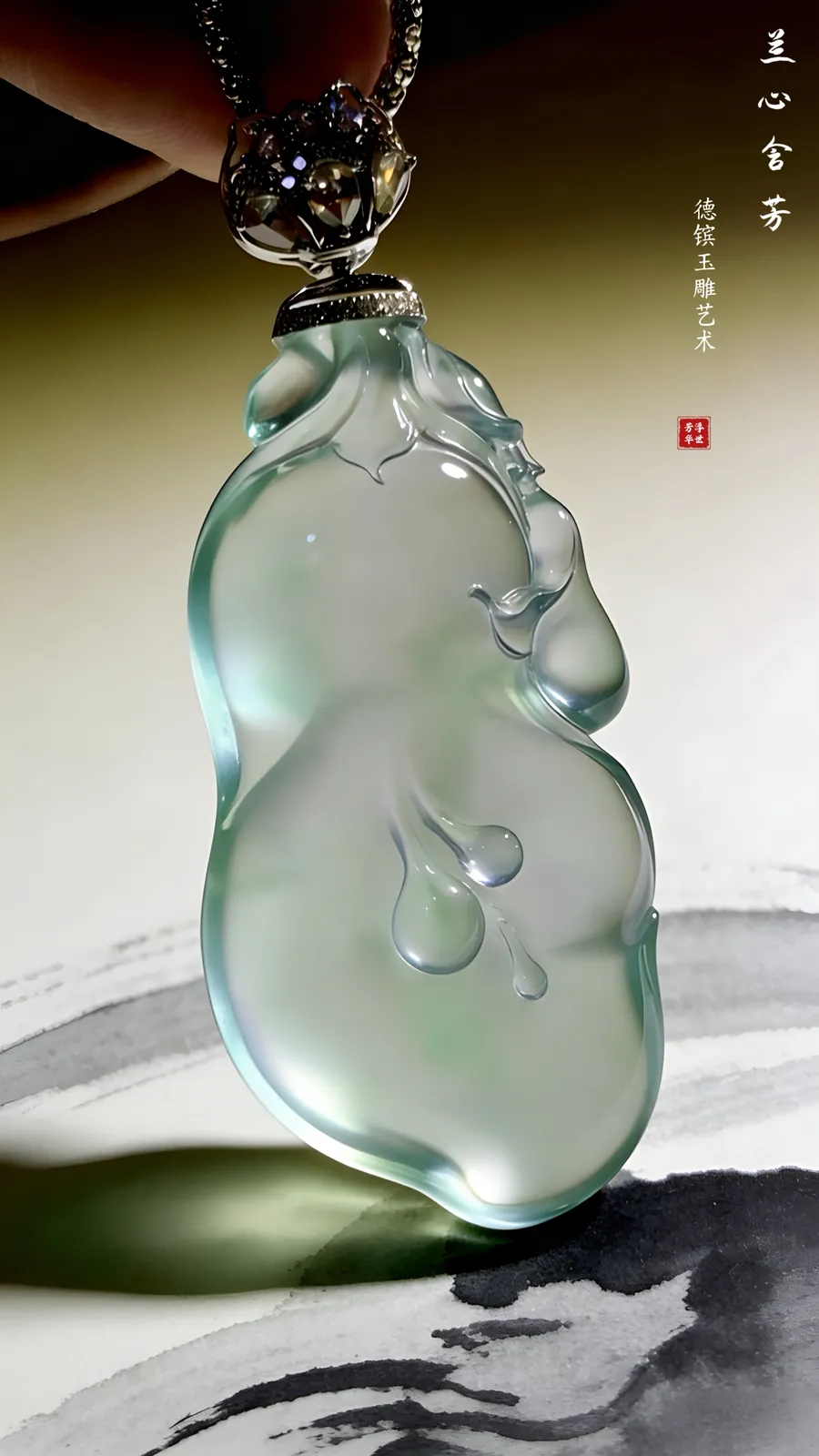 【兰心含芳·玉兰花】。德镔玉雕艺术作品，
玉质质地清透似寒冰，莹润光泽藏不住的温润，随形雕琢的线条婉