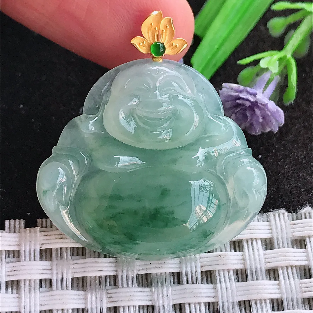 天然A货翡翠26.2/29.7/5.6老坑18k金镶嵌冰飘花佛公吊坠翡翠挂件