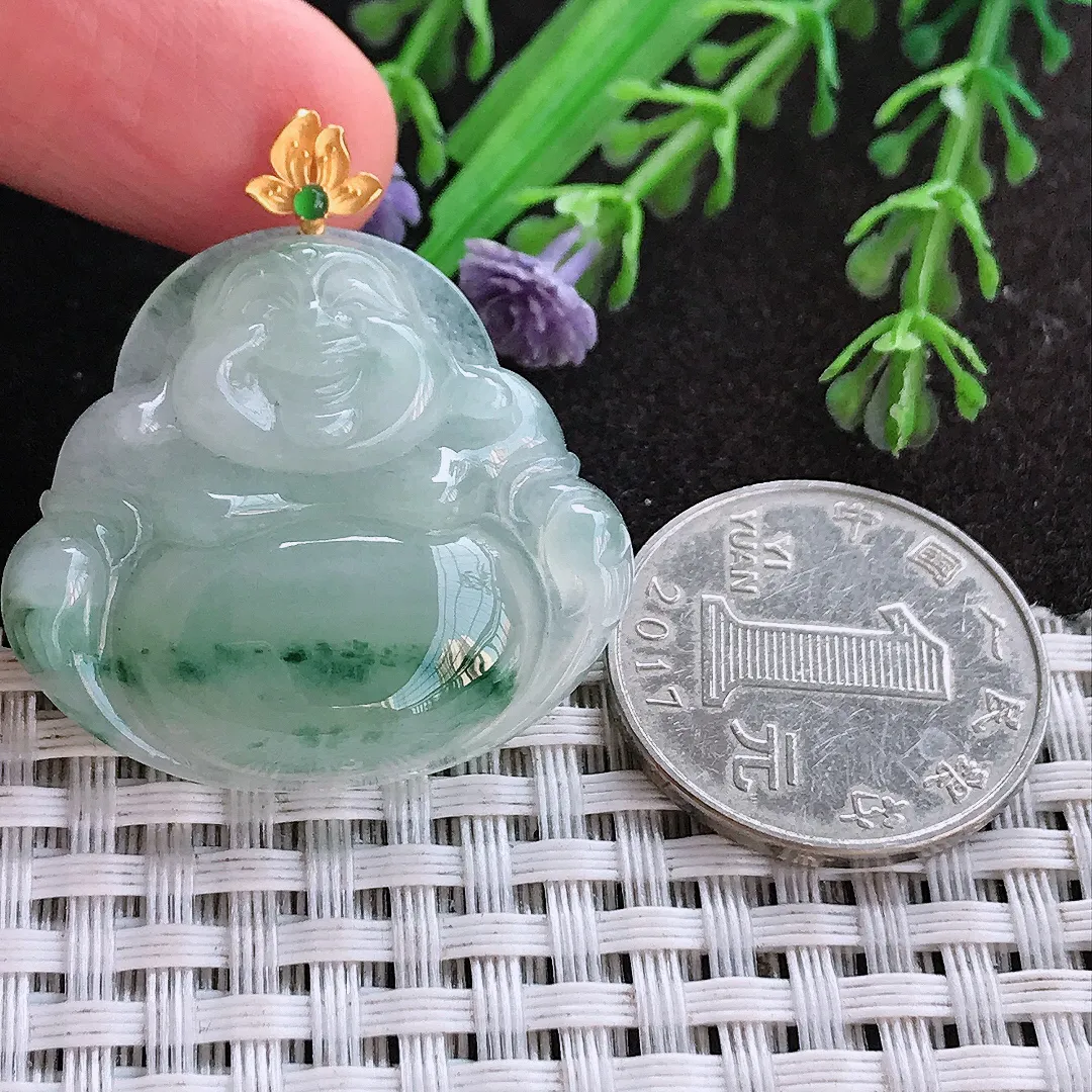 天然A货翡翠30.5/34/6.2老坑18k金镶嵌冰润飘花佛公吊坠翡翠挂件