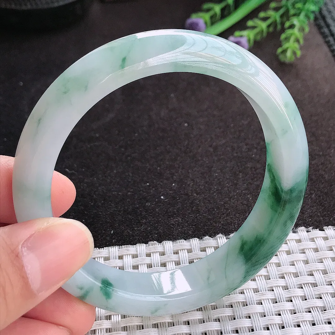 天然A货翡翠58.8/13.5/8.7老坑冰胶水灵飘花手镯宽边玉镯