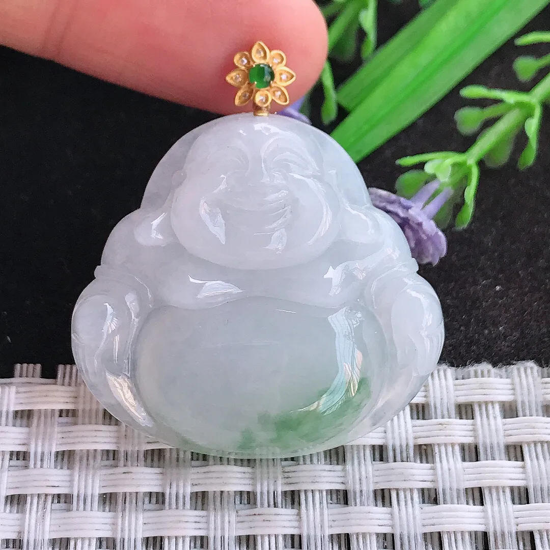 天然A货翡翠31.5/34/6.2老坑18k金镶嵌冰飘花佛公吊坠翡翠挂件
