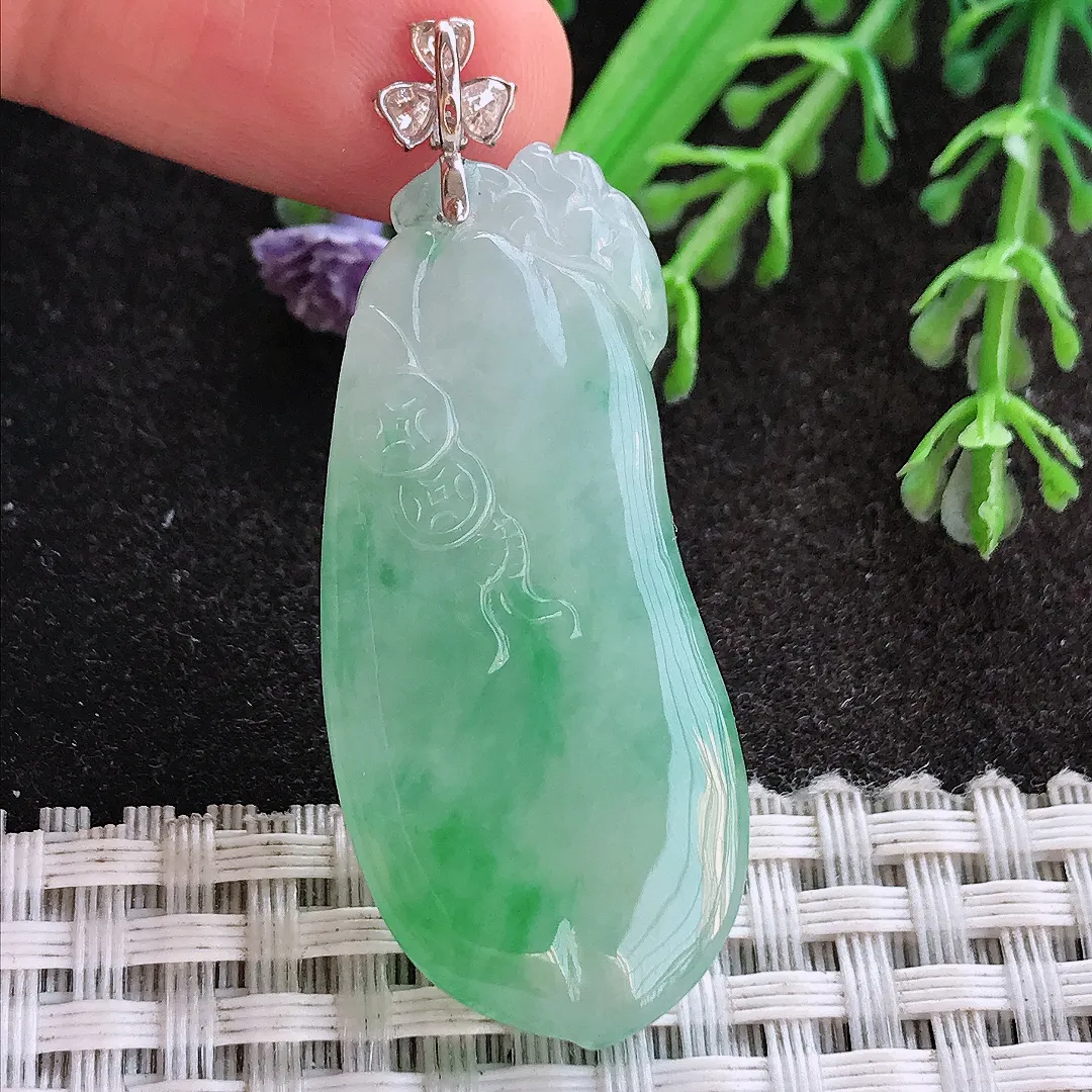 天然A货翡翠43/19/7.6老坑18k金镶嵌冰胶果冻飘阳绿福瓜吊坠翡翠挂件