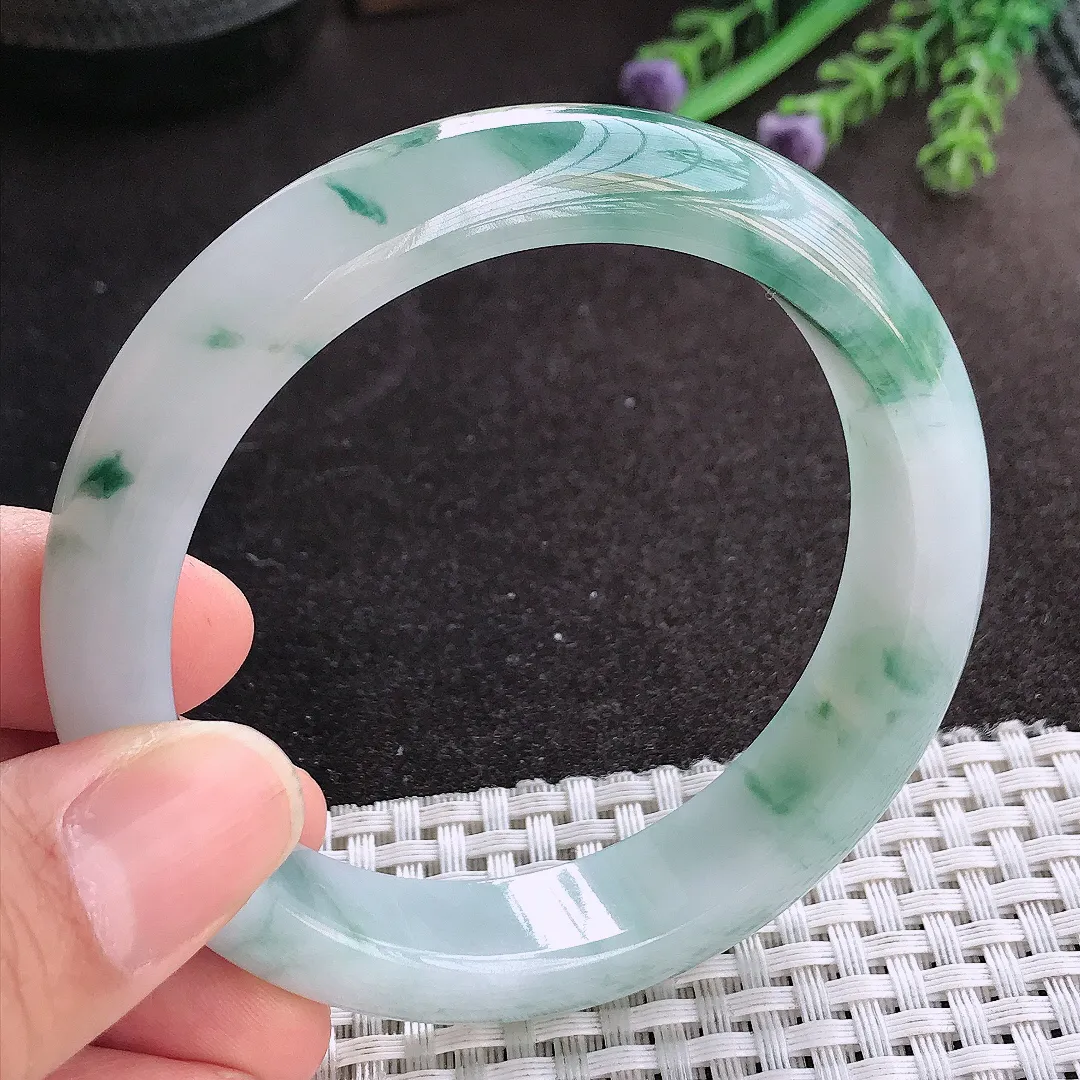 天然A货翡翠58.8/13.5/8.7老坑冰胶水灵飘花手镯宽边玉镯