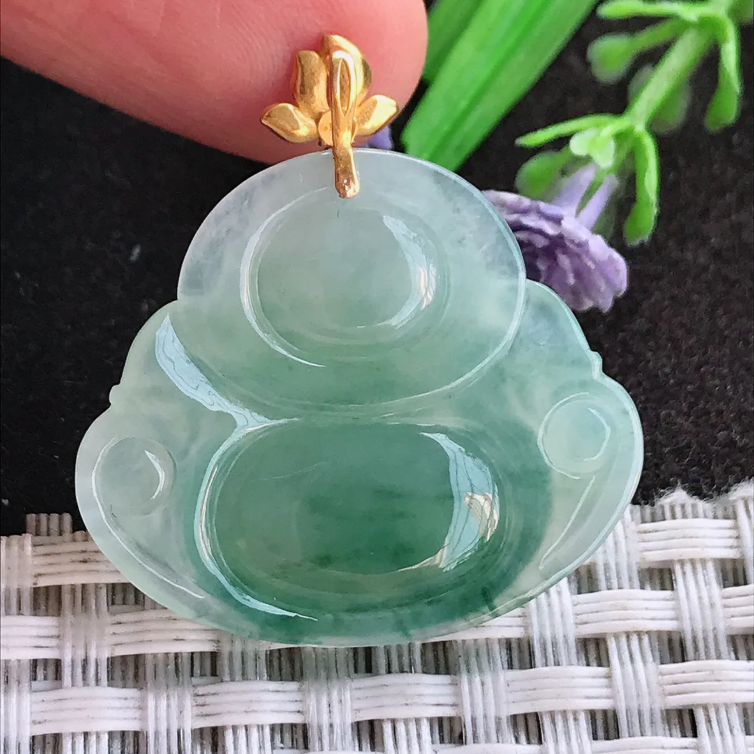 天然A货翡翠26.2/29.7/5.6老坑18k金镶嵌冰飘花佛公吊坠翡翠挂件