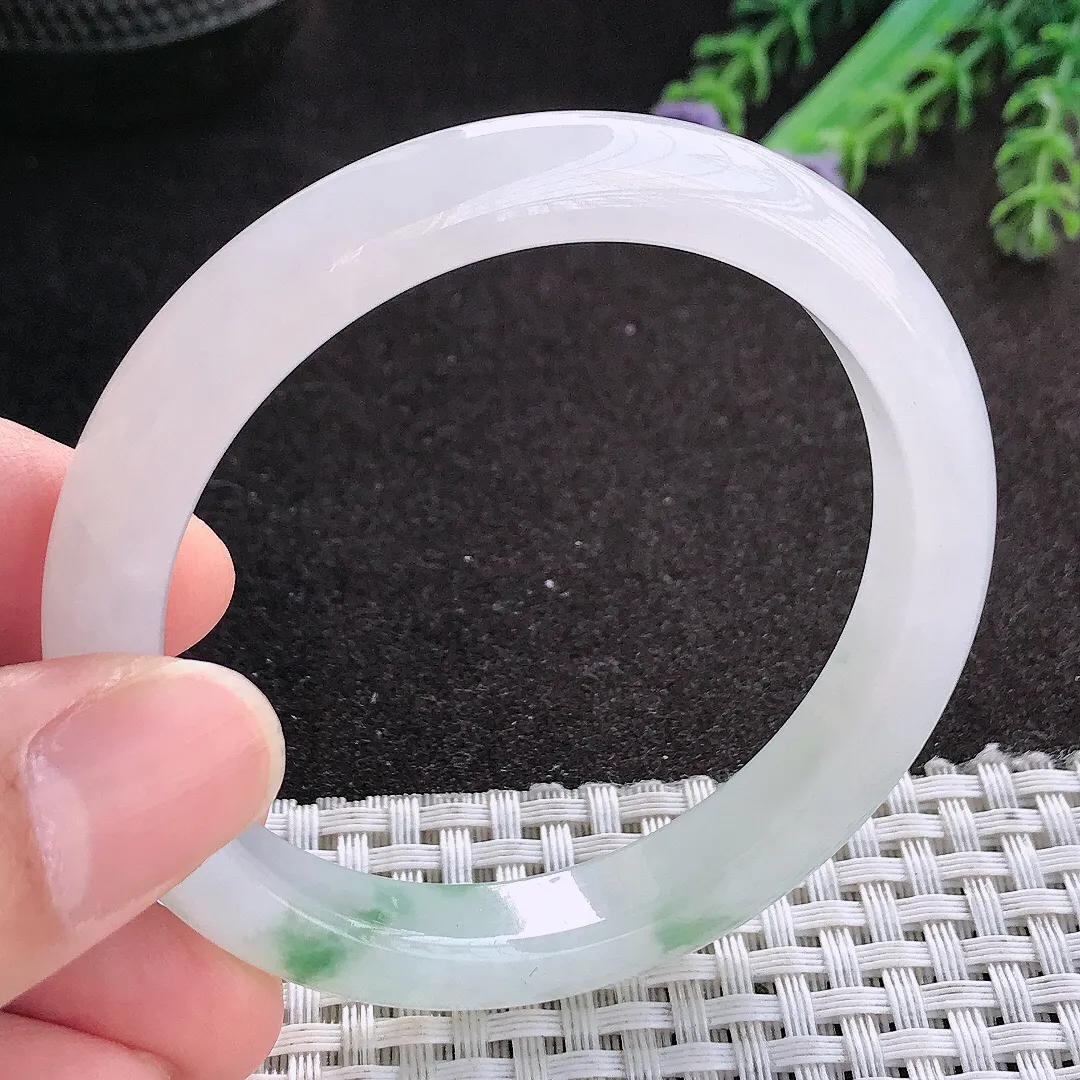 天然A货翡翠53.5/9.7/7.8老坑冰胶果冻冰飘花手镯宽边玉镯