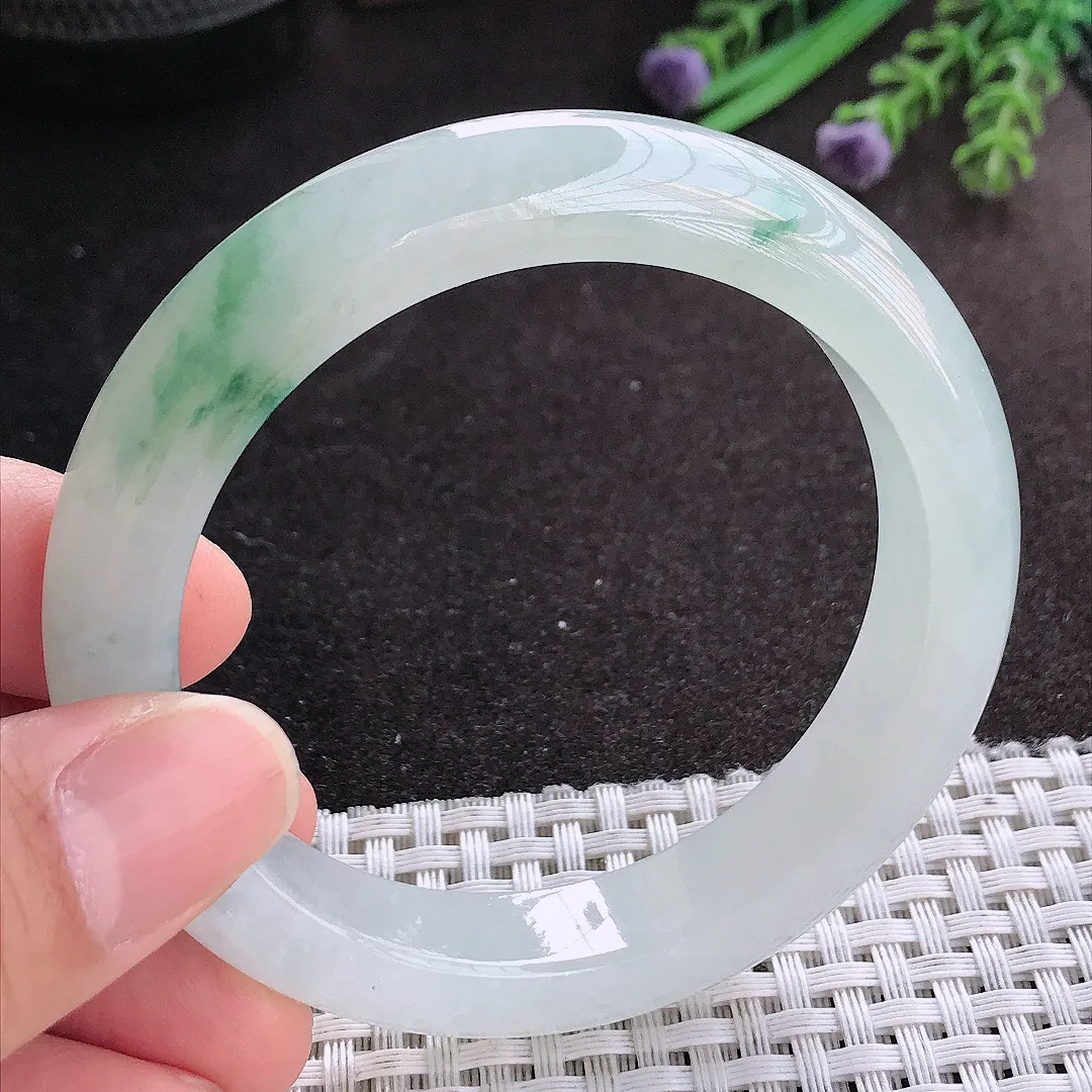 天然A货翡翠55/11.9/9老坑冰胶果冻冰飘花手镯宽边玉镯