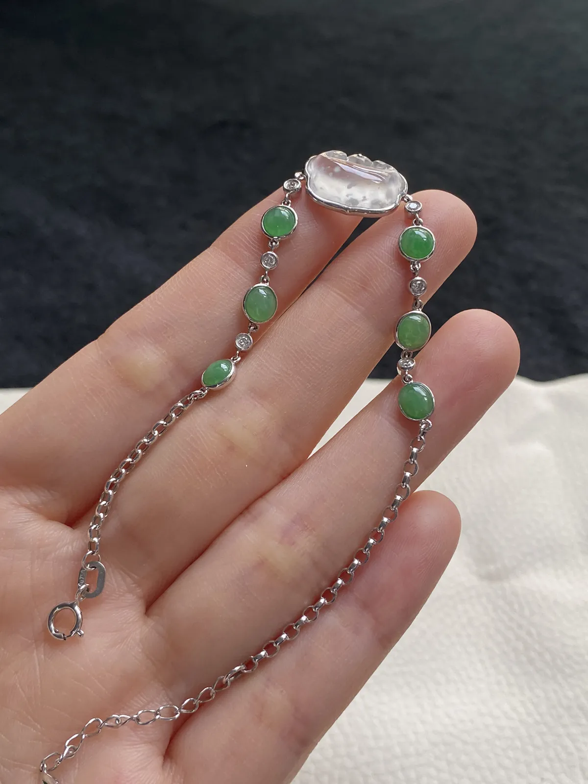 翡翠手链，印记：Au750,伴钻石