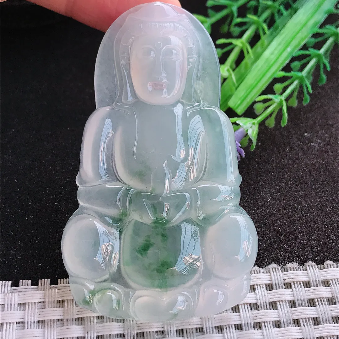 天然A货翡翠68.8/41.8/6老坑高冰种飘花正装大观音吊坠翡翠挂件