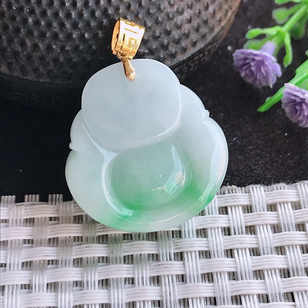 天然A货翡翠27.5/26.5/12老坑18k金镶嵌飘阳绿佛公吊坠翡翠玉佛