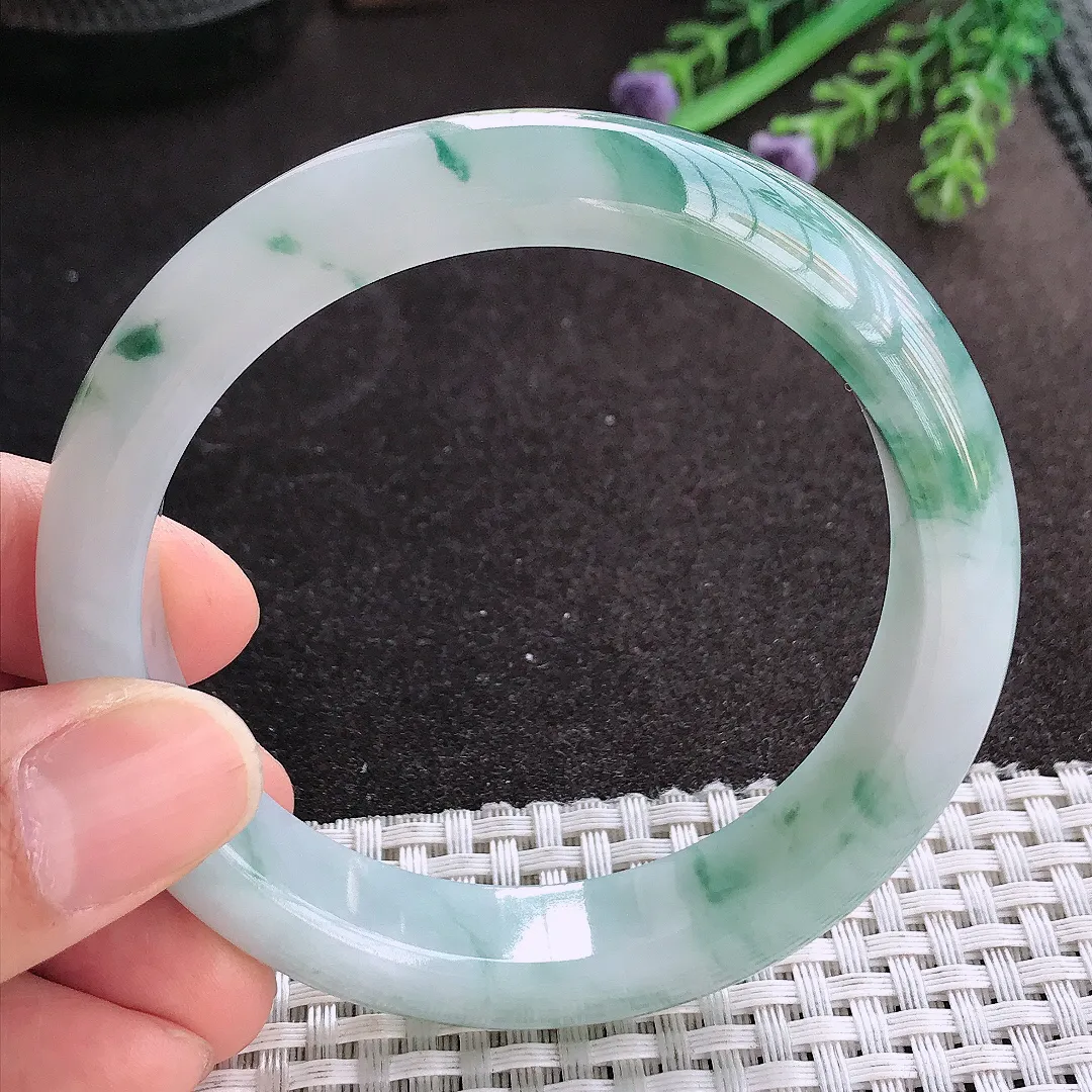 天然A货翡翠58.8/13.5/8.7老坑冰胶水灵飘花手镯宽边玉镯