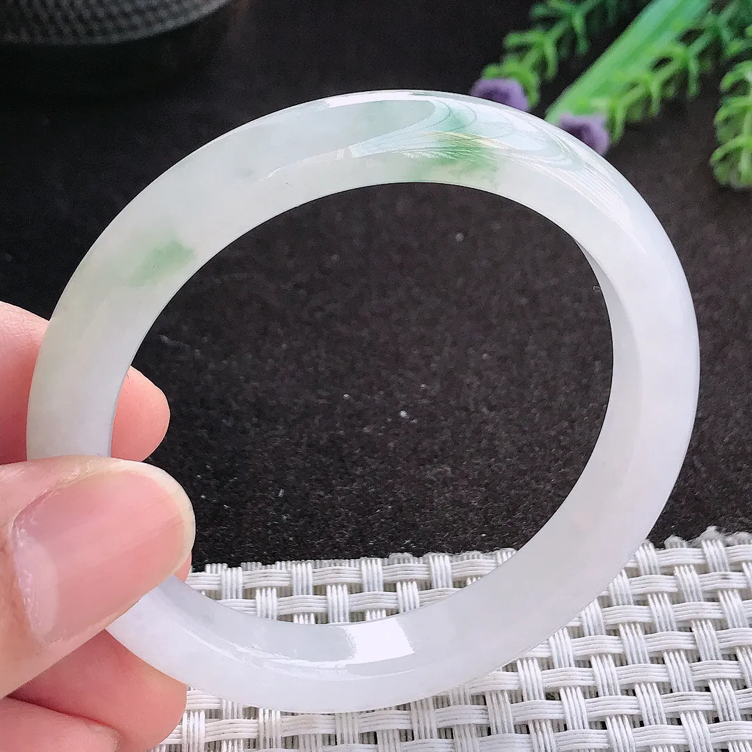 天然A货翡翠53.5/9.7/7.8老坑冰胶果冻冰飘花手镯宽边玉镯