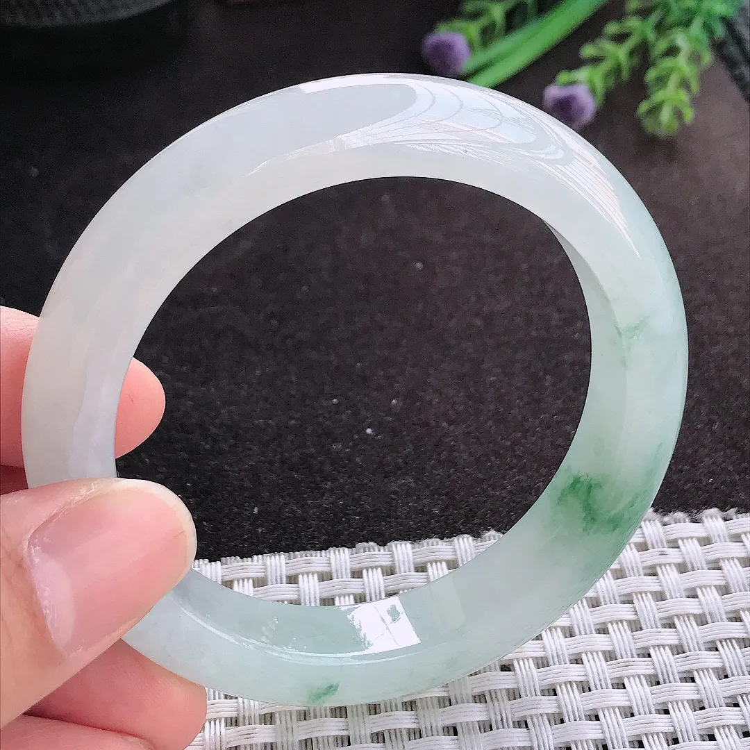 天然A货翡翠55/11.9/9老坑冰胶果冻冰飘花手镯宽边玉镯