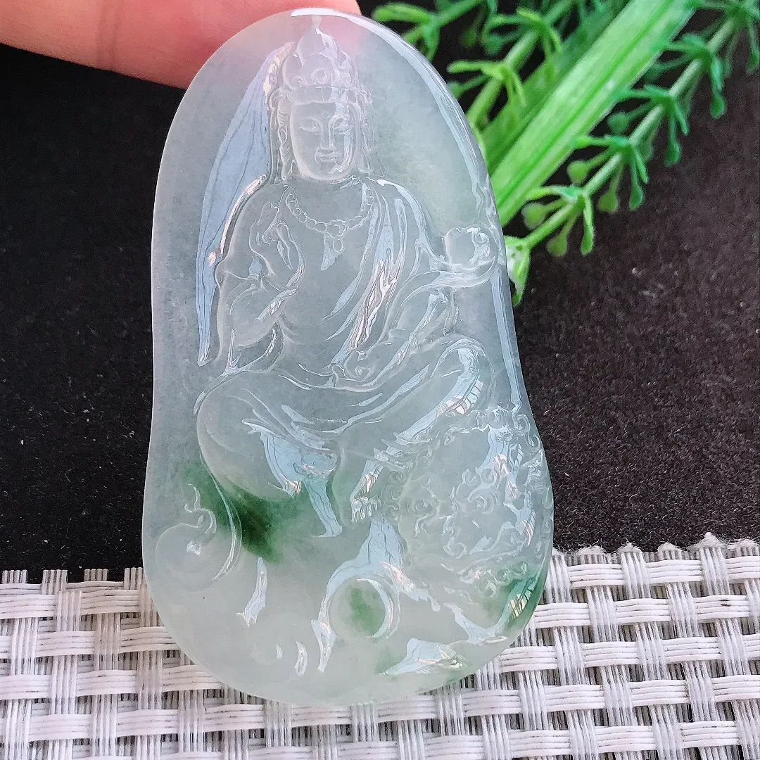 天然A货翡翠67.6/40.2/5.7老坑冰种果冻胶冰透飘花文殊菩萨吊坠翡翠挂件
