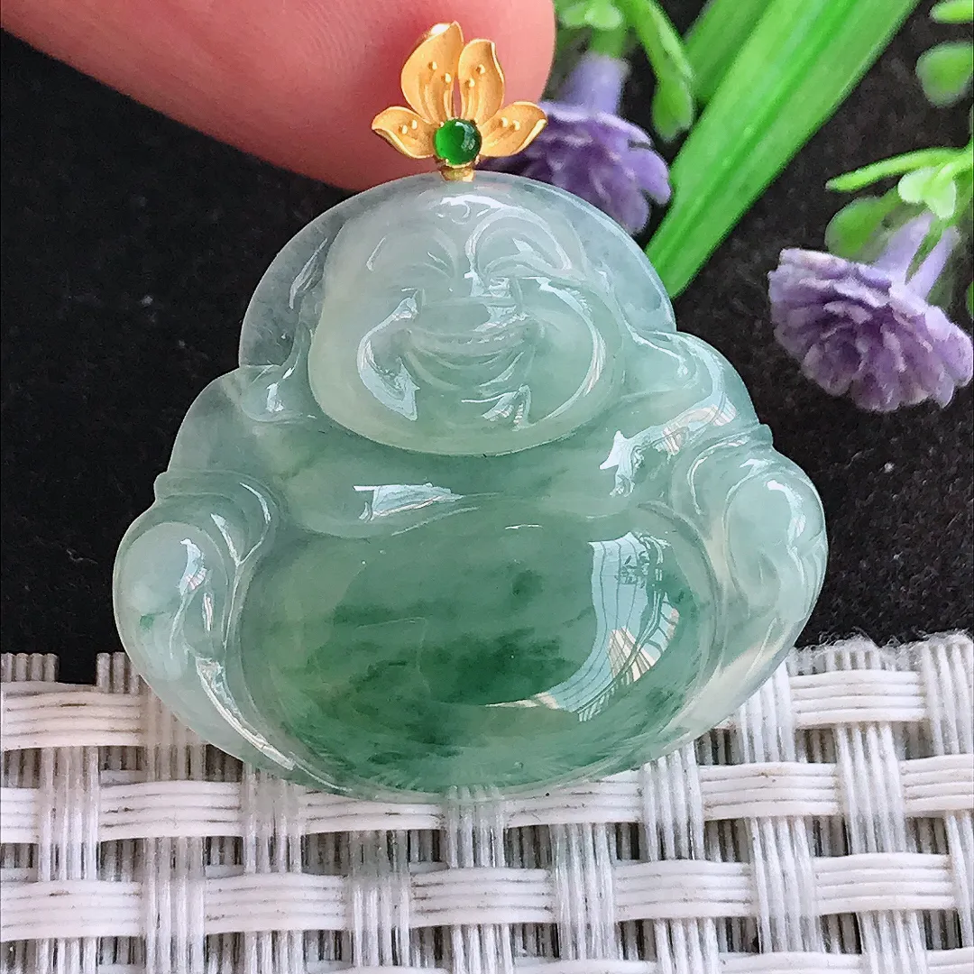 天然A货翡翠26.2/29.7/5.6老坑18k金镶嵌冰飘花佛公吊坠翡翠挂件